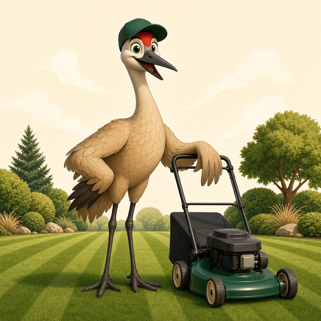 The Sandhill Lawncare crane mascot leaning on a push mower on a freshly striped lawn